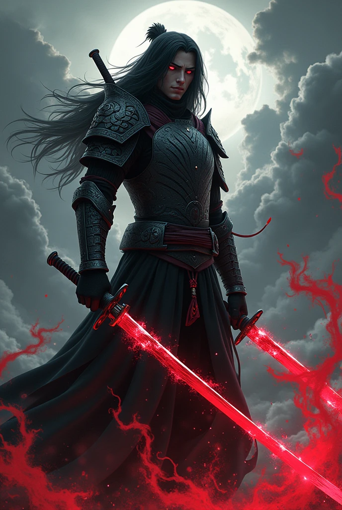 Uchiha madara with armour sharingan ,katana in both of his hands and katana covered in red aura
