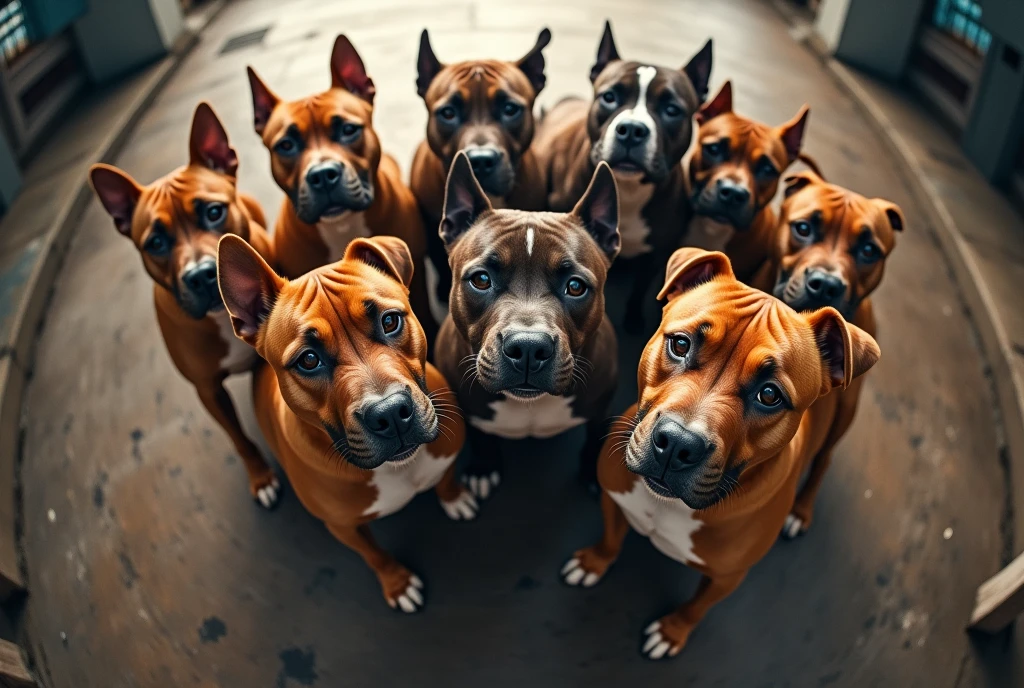 a group of 8 stafford bull terriers are looking at us, photographed with a 12mm wide-angle lens, fisheye style, pohled zeshora vysoké detaily srsti, very sharp, 8k