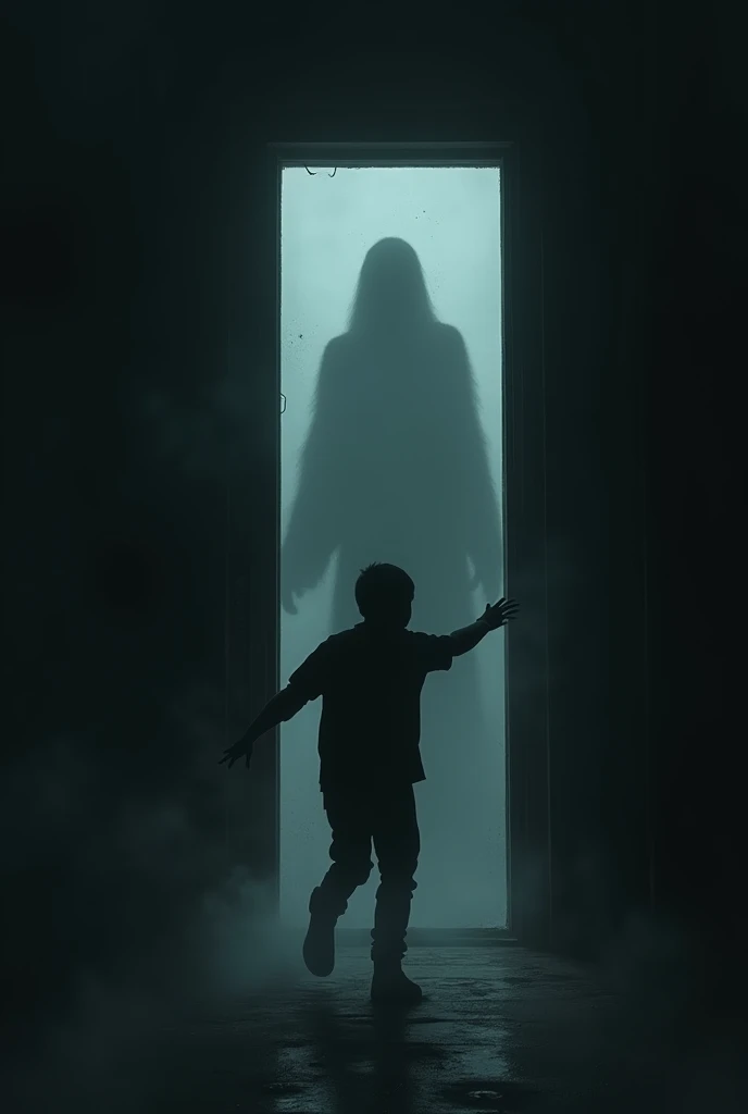 Une silhouette sombre et indistincte se tenant dans l'encadrement de la porte. La silhouette est floue, avec des contours vagues, et dégage une présence menaçante. Max est montré en train de se retourner, terrifié.