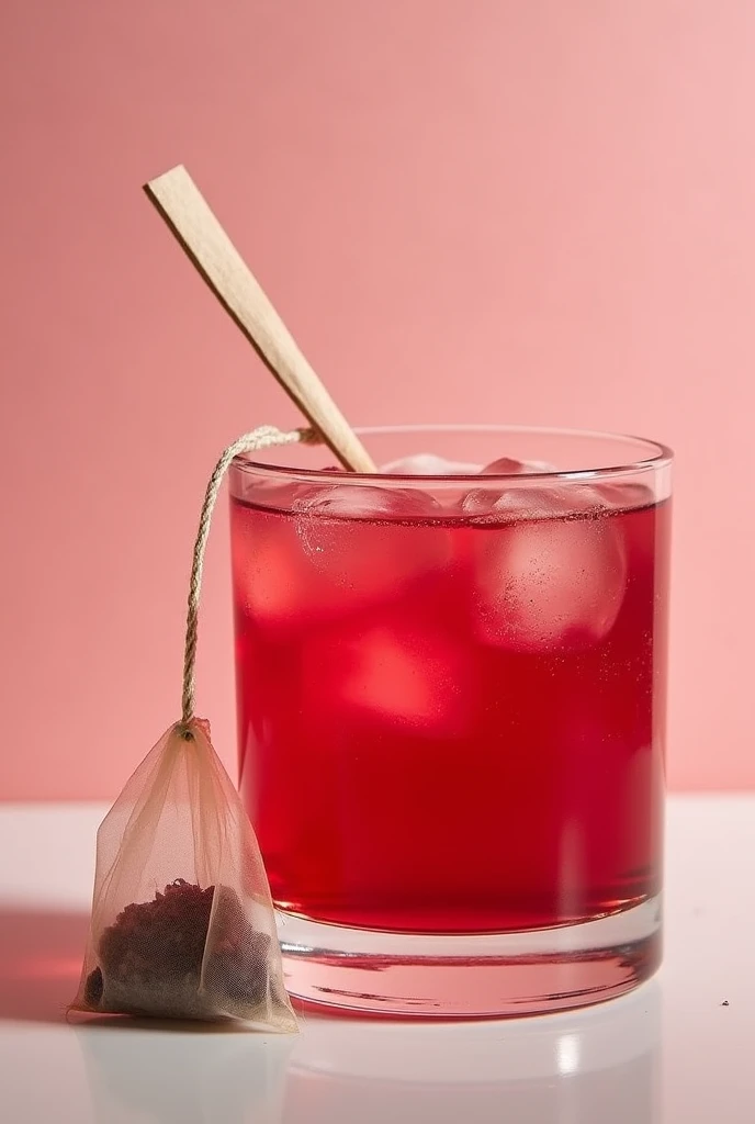 create an ad informing that the gin and tonic drink with red fruit tea is on sale and is going for 32,00, the gin is in a gin glass and there is no fresh fruit in the glass, only the red color of the drink, no fruit on top of the drink, just the tea bag inside the cup with the tea bag string on the rim of the cup