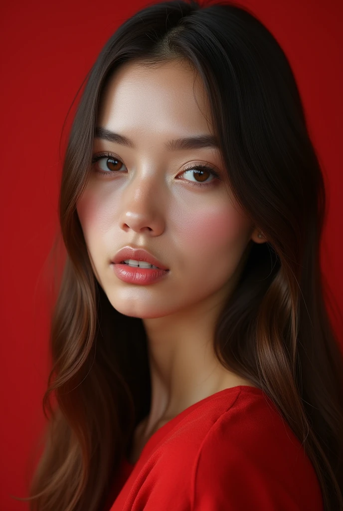 A close-up portrait of a woman with long straight brown hair, neutral expression, and natural makeup, set against a solid red background. The woman is wearing a black top, and her gaze is directly at the camera. The image captures fine details in her face and hair, with soft lighting emphasizing her features."