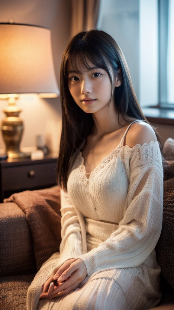 1girl, 20 years old, brown-haired, small breasts, strict features, slim build, dressed in homemade white pajamas, sitting at home on the couch, evening, cozy atmosphere, looking into the frame at the viewer, cowboy shot, 