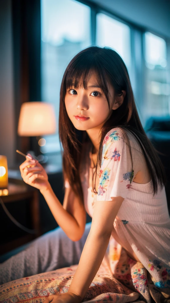 a beautiful young japanese girl relaxing in a living room at night, wearing a non-transparent nightgown, detailed face, (best quality,4k,8k,highres,masterpiece:1.2),ultra-detailed,(realistic,photorealistic,photo-realistic:1.37),HDR,UHD,studio lighting,ultra-fine painting,sharp focus,physically-based rendering,extreme detail description,professional,vivid colors,bokeh,portrait