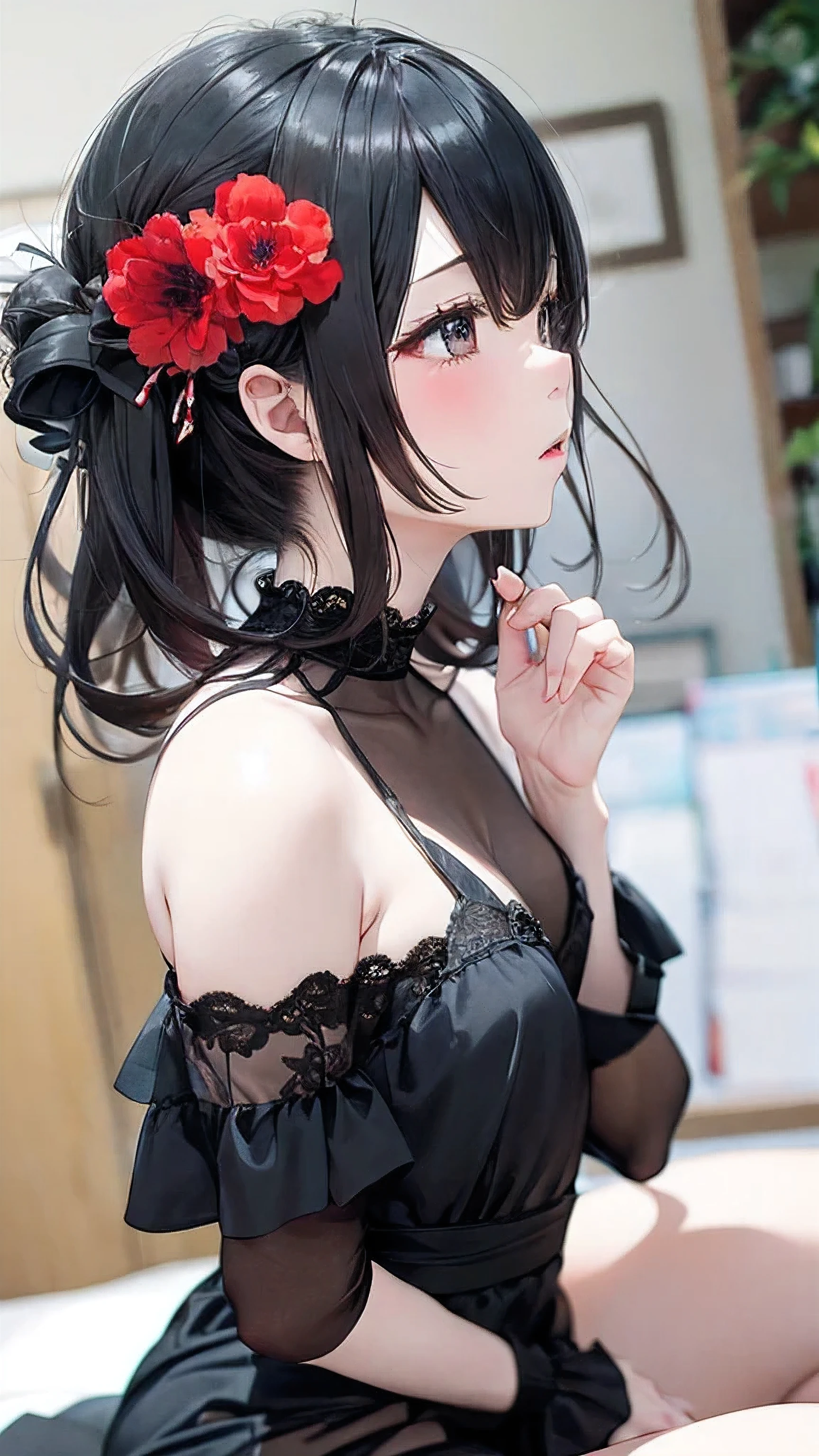 of the highest quality、masterpiece、Gray and red harmonious art、gray、perfect anatomy、Girl in the twilight、、profile、black off shoulder dress、Sitting girl、wabi sabi art、gray、red、white、Perfect artistic harmony、fancy、vermilion flower、Gray leaves、Modest flower、easy setup、The background is a white wall、Red Flower、Gray leaves、space、
