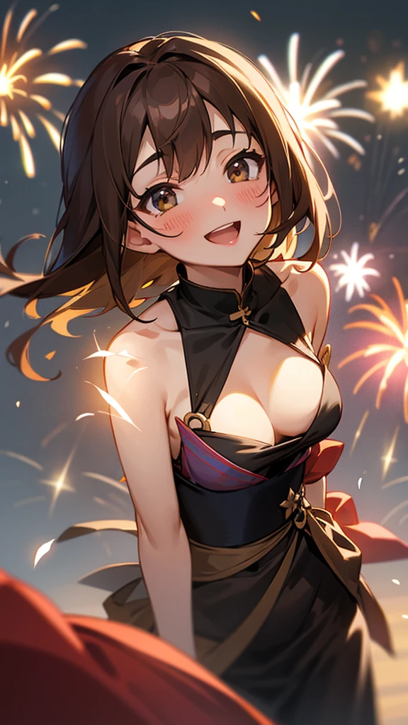 yukata、firework、Date、Gaze into her cleavage, smile, Open your mouth, Brown Hair, Blushing, Small breasts、Background blur, 