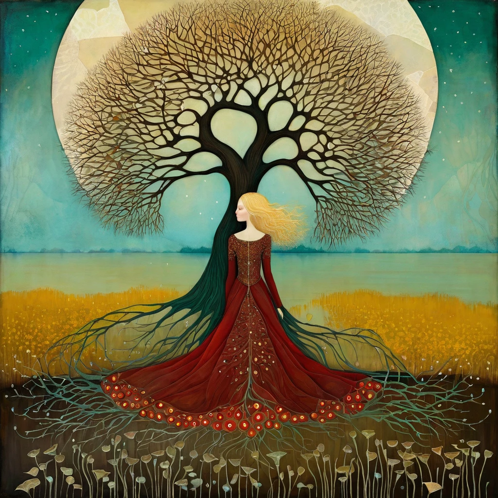 In the Style of Andy Kehoe and Tracy Grimwood, Catrin Welz-Stein. oil and acrylic painting catrin welz-stein, Gabriel Pacheco. yggdrasill tree, large roots sinking into the ground, branches rising high into the sky, intricate geometries of polychrome glass. Three-quarter view of a lake with mustard-colored, emerald waters. Lying on the shores of the lake woman with blond, windswept hair, dress made of woven poppies. Dandelion flowers, poppies, marsh flowers, baobab flower . Warm colors, and cold colors skillfully mixed.