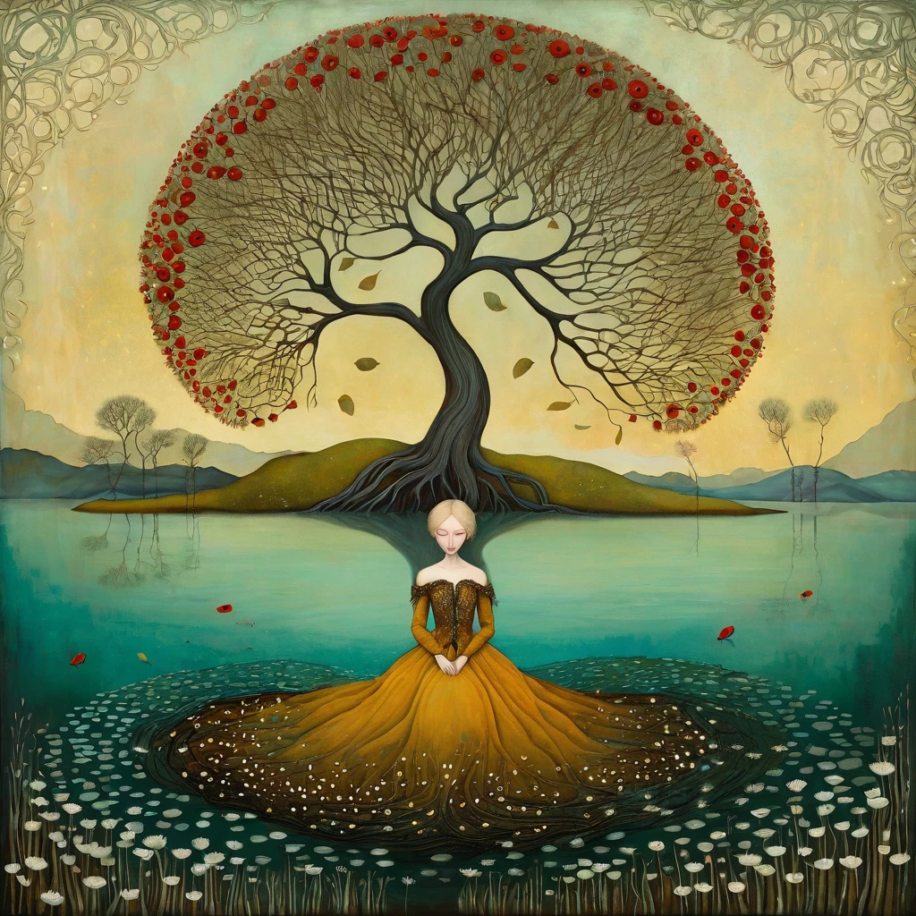 In the Style of Andy Kehoe and Tracy Grimwood, Catrin Welz-Stein. oil and acrylic painting catrin welz-stein, Gabriel Pacheco. yggdrasill tree, large roots sinking into the ground, branches rising high into the sky, intricate geometries of polychrome glass. Three-quarter view of a lake with mustard-colored, emerald waters. Lying on the shores of the lake woman with blond, windswept hair, dress made of woven poppies. Dandelion flowers, poppies, marsh flowers, baobab flower . Warm colors, and cold colors skillfully mixed.