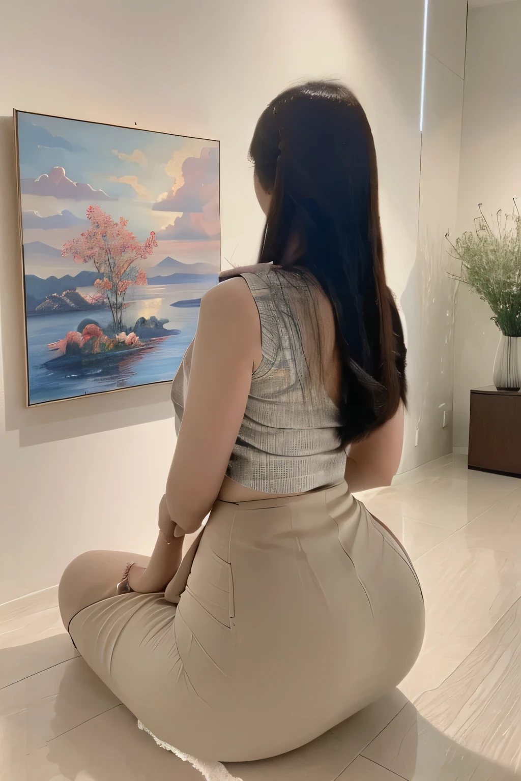 arafed woman sitting on the floor in front of a painting, traditional art, acrylic art, nivanh chanthara, art work, korean artist, vibrant art, dang my linh, trending artwork, chinese artist, in an art gallery], fine art museum piece, mixed art, trending artistic art, beautiful art, museum masterpiece, masterpiece,tight skirt wrapped around her hips,widest hips,sleeveless shirt,turn your ass towards me,lean foward,view from behind,back viewers,rare view,shot from back,ass emphasized