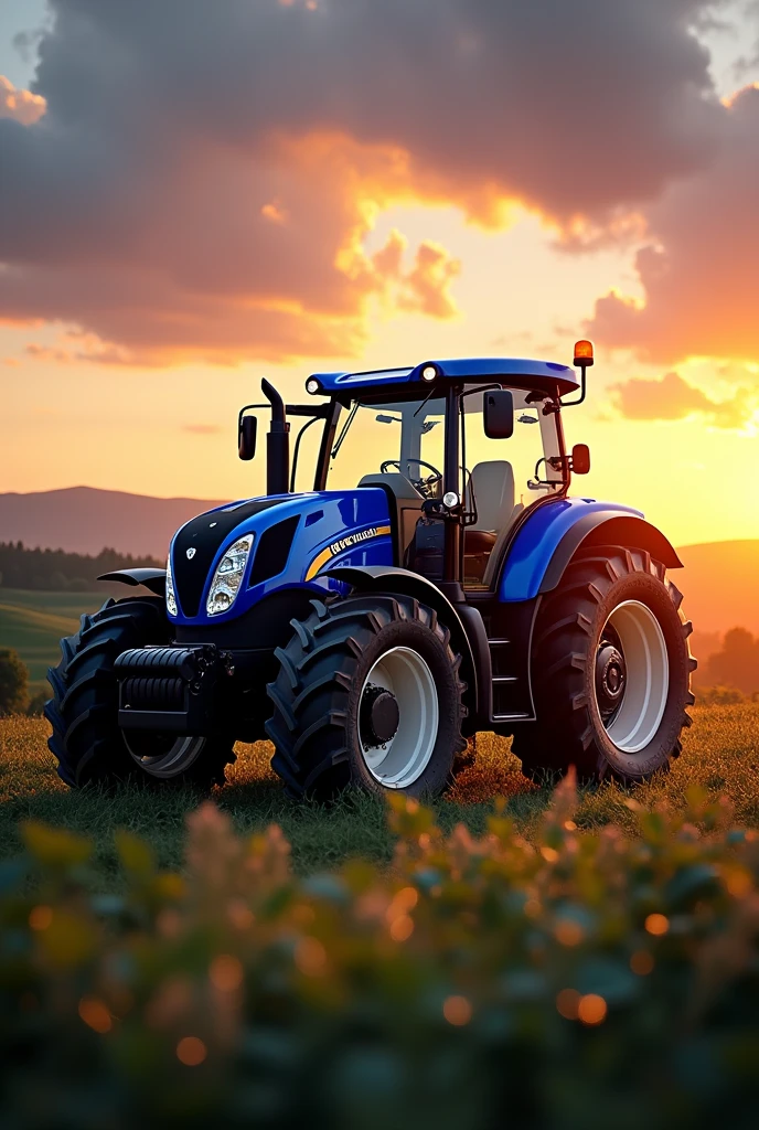 New holland tractor in blue colours in sunset
