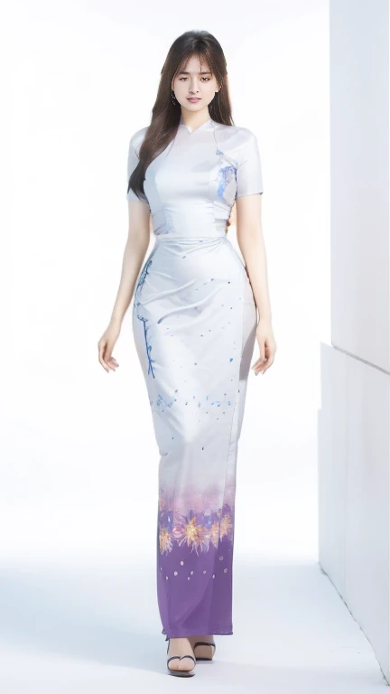 Attractive curvy full body Myanmar girl. High hips, big hips, friends' bodysuits, ((Mostly colored silk dress)) A long dress painted with reflective flowers. A single outfit. ((full body))hi gh hips High resolution tion High resolution nature background High resolution HD 3D, 8K animated anim