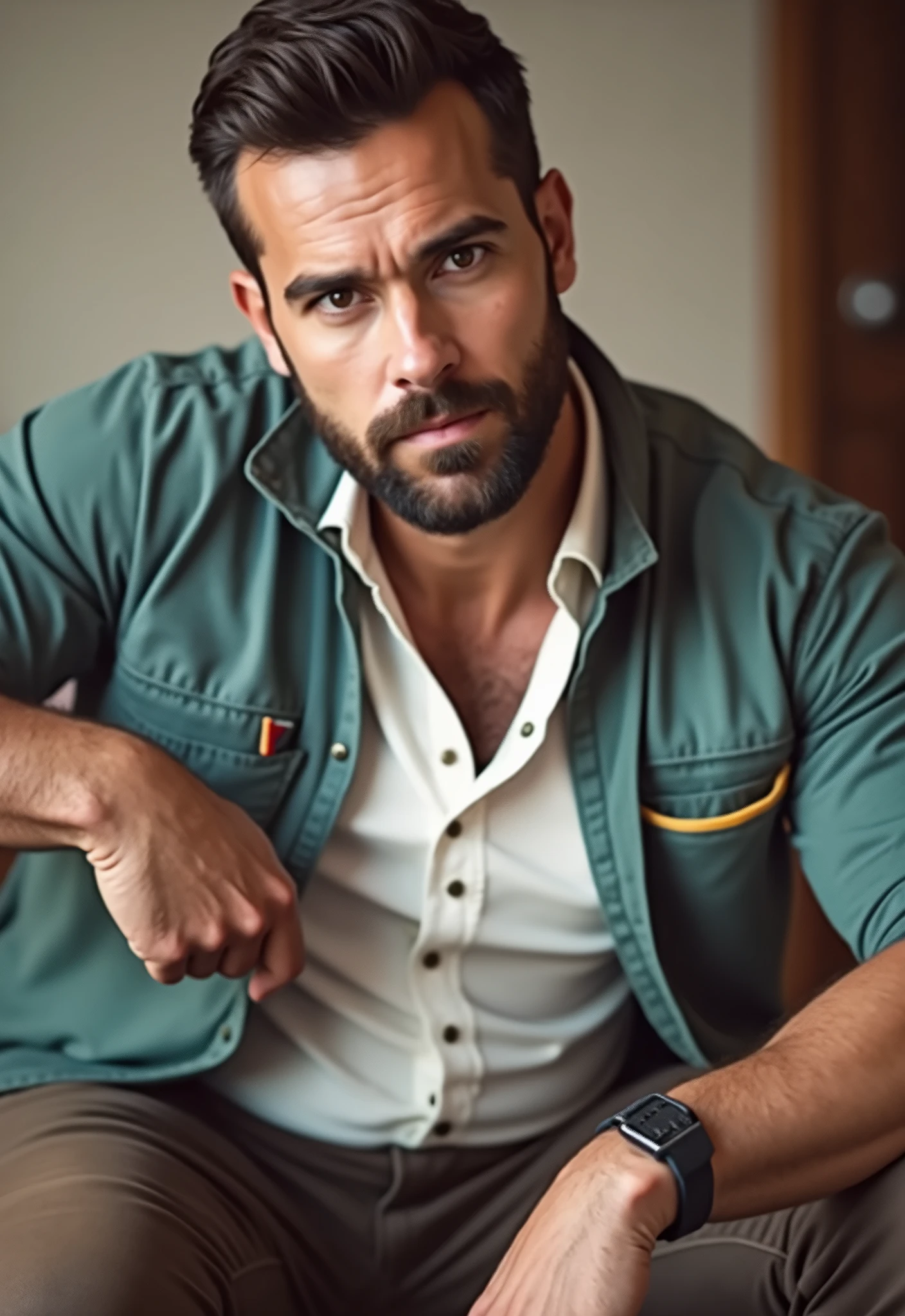 Attractive man in a gray t-shirt, a little brown beard, wearing a maintenance work suit, stylish model, show your face, Photo de profil profil, gray color t-shirt, work uniform, high definition, masterpiece, best quality, high intricate details, Very detailed, intense focus, texture, generation 40, detailed brown eyes, professional, 4K, Canon shooting, 85 mm, shallow depth of field, Kodak color vision, perfect body, very detailed, image_\(فايقة\), image realist, post-treatment, maximum detail, roughness, real life, super realist, recall, photographie, 8K ultra-high definition, photographie (film grain)
