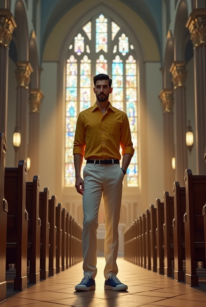 Draw a slim, white man. Black military hair, white skin, brown eyes, goatee, wearing a yellow dress shirt, white pants and blue sneakers. He is in a Catholic church. End of the day. Light coming through the stained glass windows. Realistic 