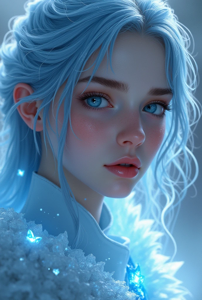 Fantasy portrait of a young female human ice mage with light blue hair adorned in light armor, her extremely long eyelashes highlighted by the mystical glint of ice crystals, digital painting, highly detailed, dramatic lighting