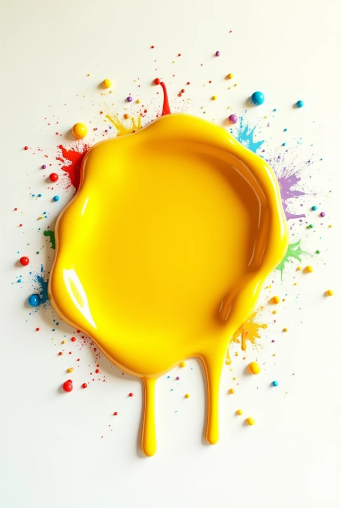 A blank background with a 3d egg-yellow paint stain on it as well as dripping paint in vibrant colors