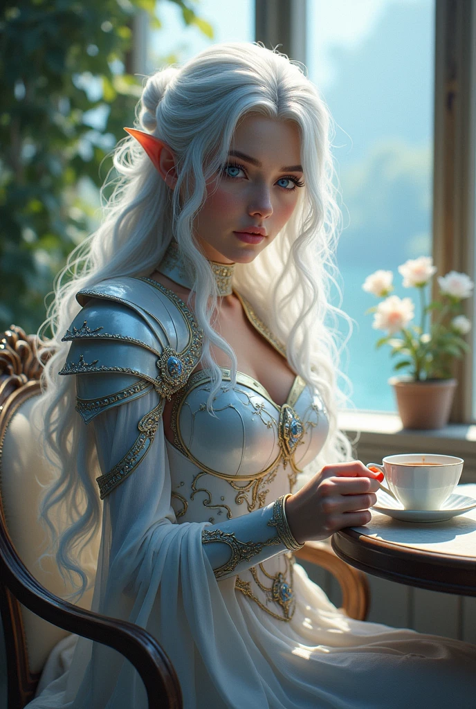 A silver haired beauty with blue eyes looking like a goddess straight out of heaven in enchanted heavenly battle armour sitting in a cafe enjoying tea by a serene lake