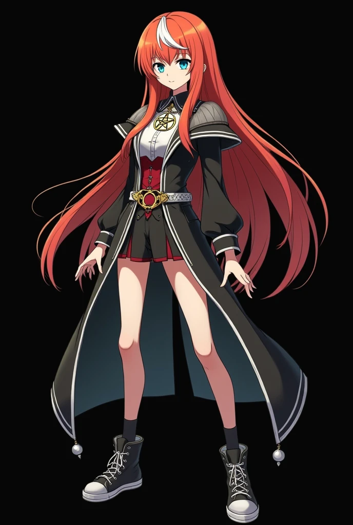 A full body image of a , personagem do anime "JUJUTSU KAİSEN", she is very beautiful, with long, straight, fire-colored hair with two white streaks highlighted in the front, framing your face. She has blue-green eyes and pale skin.. she is a Wiccan, she is in fighting pose. she wears a pentagram necklace, beautiful women's high-top shoes and ¾-long socks. She is drawn with Gege Akutami's lines and animation style., criador de JUJUTSU KAİSEN. black backdrop.