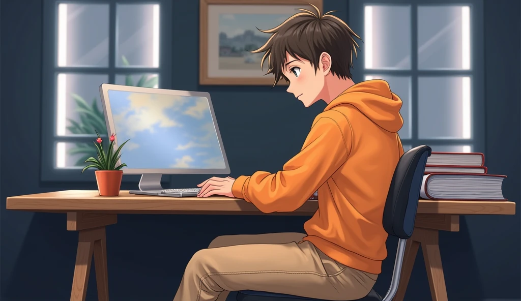 A vibrant and engaging anime-style 1 boy with a smart appearance, sitting sitting position