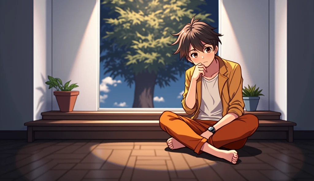 A vibrant and engaging anime-style 1 boy with a smart appearance, sitting sitting position