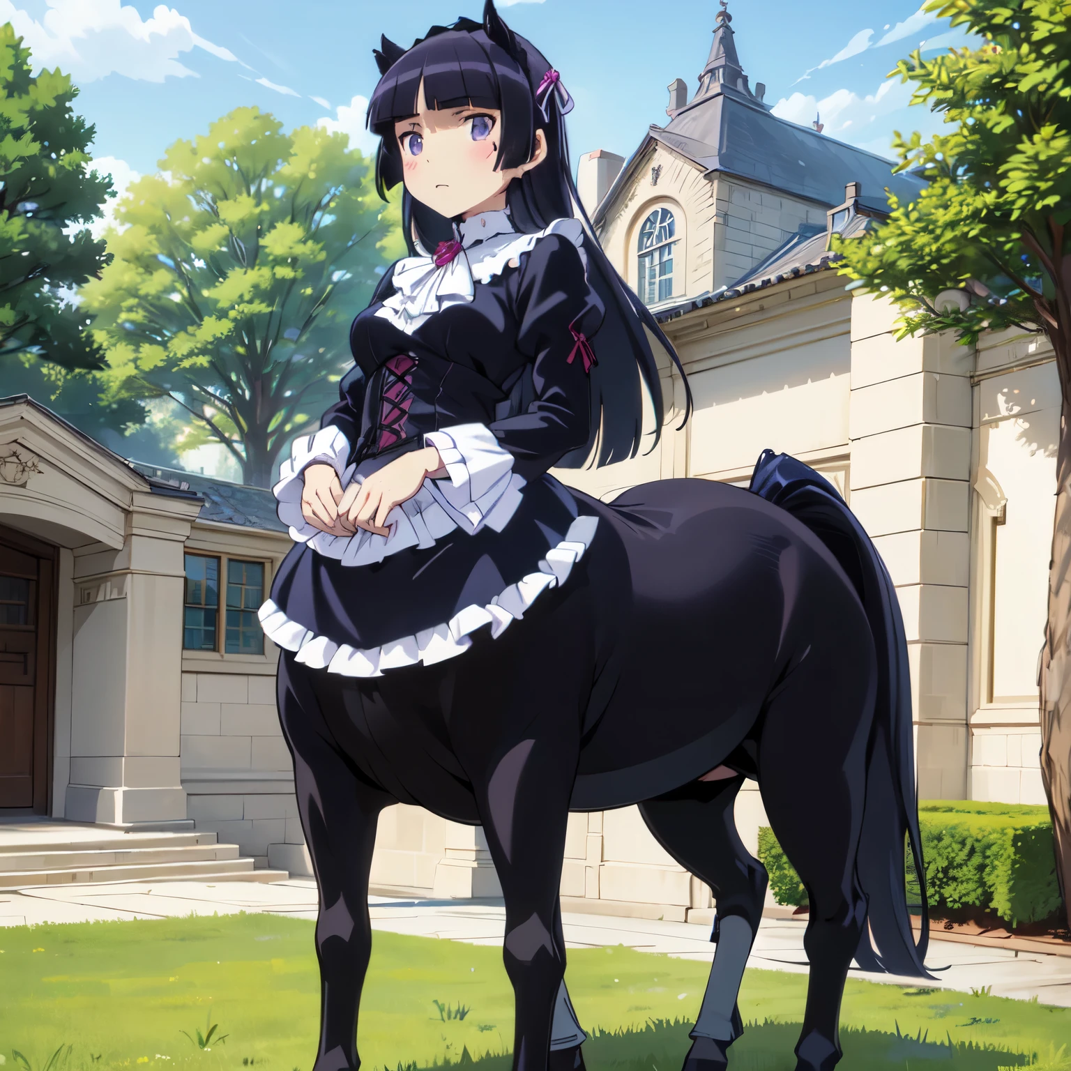 ((centaur)), (taur), (centauroid), (ruri gokou), woman, alone, Hime cut, woman, Long Hair, Gothic & Lolita Fashion, Lolita Fashion, hoof, palace、garden、blue sky