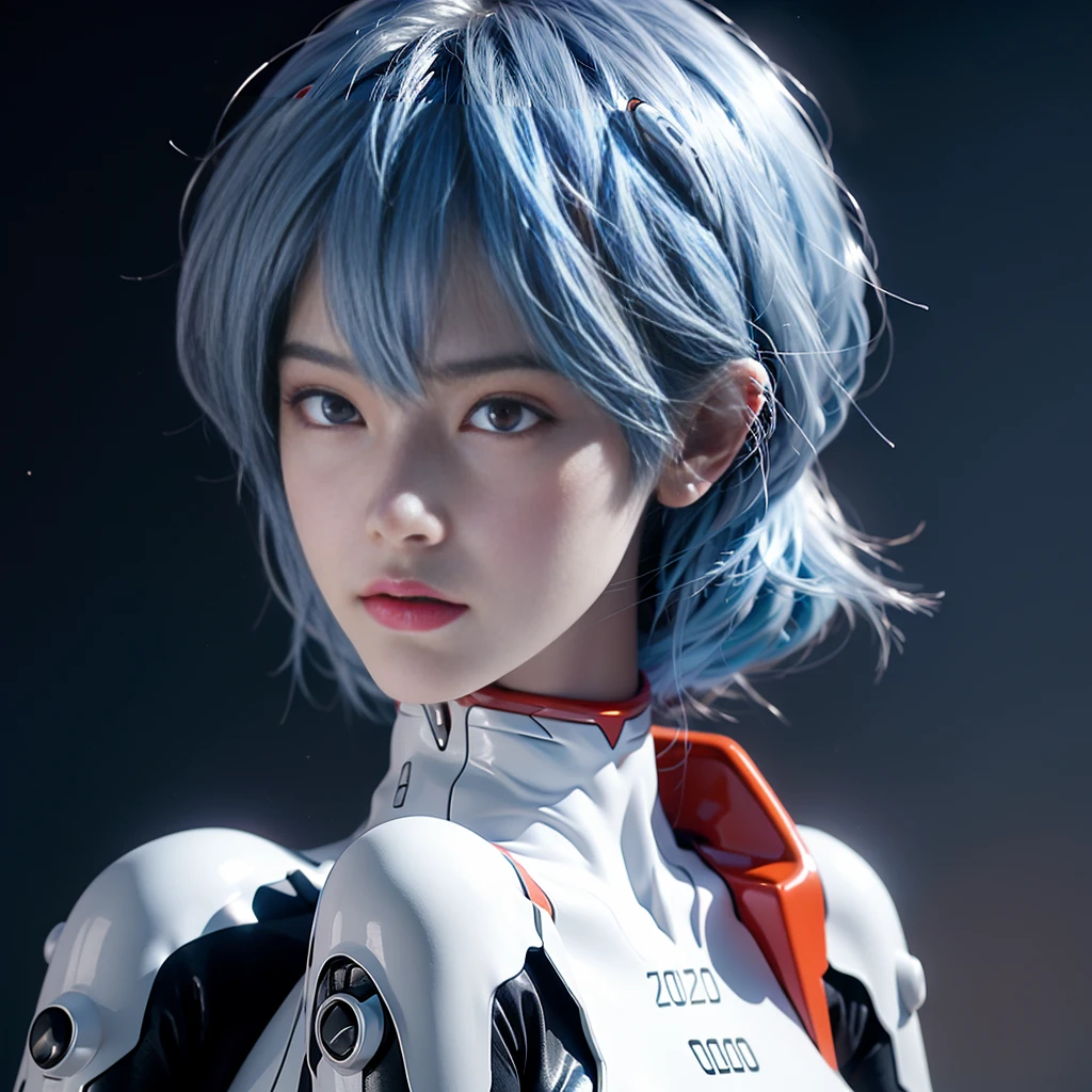 (8k, RAW Photo, Top Quality, Refined Details, Masterpiece: 1.2), (High Resolution 8k Wallpaper), Sharp Focus, Professional Lighting, Depth of Field, Cinematic Lighting, Background Blur, A cosplay of Rei Ayanami from Evangelion. A Japanese woman with blue hair, red eyes, and wearing a white plugsuit. Realistic style with a futuristic background and a cool expression. Quiet atmosphere in a sci-fi setting