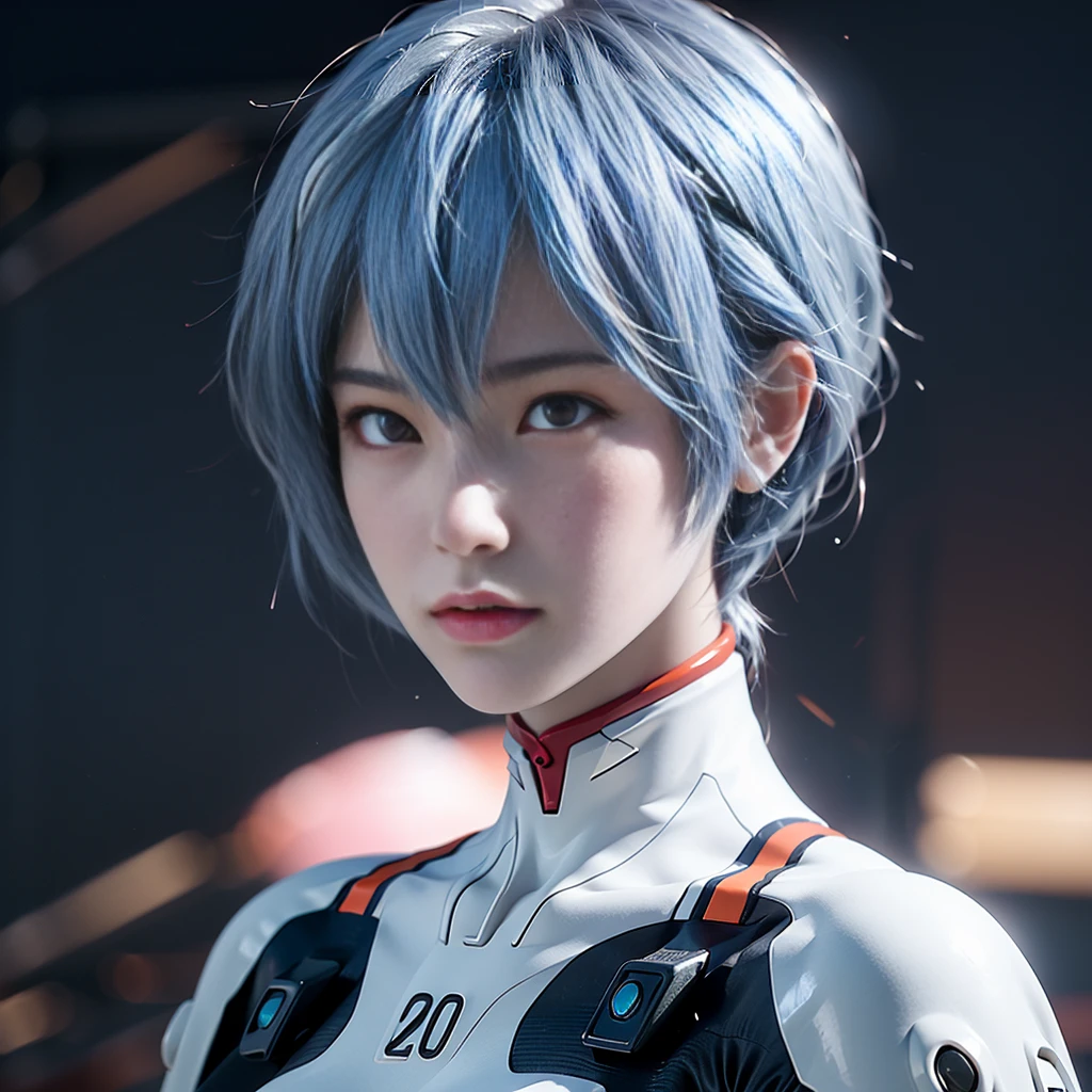 (8k, RAW Photo, Top Quality, Refined Details, Masterpiece: 1.2), (High Resolution 8k Wallpaper), Sharp Focus, Professional Lighting, Depth of Field, Cinematic Lighting, Background Blur, A cosplay of Rei Ayanami from Evangelion. A Japanese woman with blue hair, red eyes, and wearing a white plugsuit. Realistic style with a futuristic background and a cool expression. Quiet atmosphere in a sci-fi setting