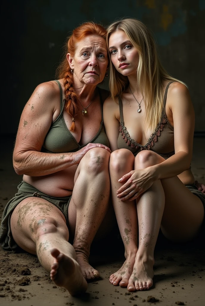 Photo visible feet of a barefoot old women, an 80-year-old chubby Viking woman, sitting on the floor alongside her 30-year-old lady barefoot. The mature has fair skin, large sagging breasts, a very muscular body, and a strikingly beautiful face with large green eyes and cracked lips. Her thick red hair is styled in a single braid. She appears dirty, covered in mud with scrapes and bruises, and is wearing a tight Viking bikini that is too small for her body, along with Viking accessories. The other lady is a fit and athletic 30-year-old Viking woman, is also barefoot, with fair skin, long blonde hair in a neat braid, and is similarly dirty with scrapes and bruises. She is wearing a tight Viking bikini that is too small for her body, complemented by Viking accessories. Her face shows sorrow and shame, with large green eyes and full lips. The image is visible feet captured in a high-quality studio setting with excellent lighting and details.