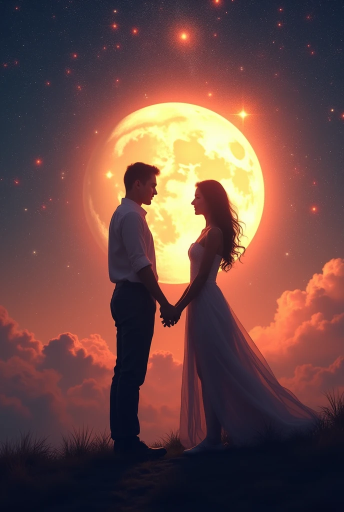 couple holding hands in space bright moon and sun