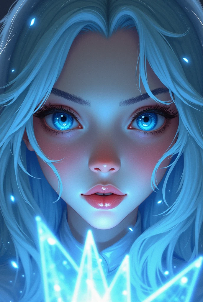 Fantasy portrait of a young female human ice mage with light blue hair adorned in light armor, her extremely long eyelashes highlighted by the mystical glint of ice crystals, digital painting, highly detailed, dramatic lighting