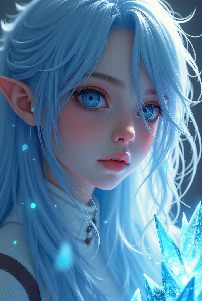 Fantasy portrait of a young female human ice mage with light blue hair adorned in light armor, her extremely long eyelashes highlighted by the mystical glint of ice crystals, digital painting, highly detailed, dramatic lighting