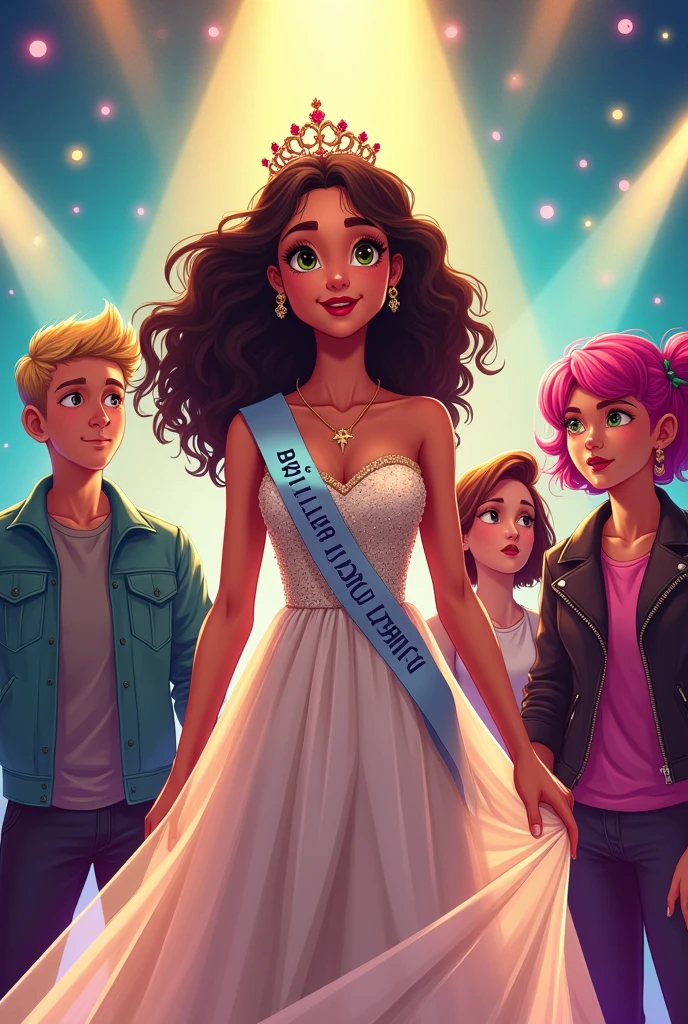 Book cover for: " Briller sans peur" by Sombi Niaina J. Featuring: a beautiful 16 years-old girl with green eyes and curly hair wearing a beautiful dress and a diadem,shining under spotlights, winning a miss competition. beside her is her 13 years-old sister, also very beautiful. A handsome 16 years-old boy with blond hair, a 16 years-old girl with pink hair wearing a leather jacket, and another girl with short hair and cool style. In the background, a popular girl looking jealous. The scene should be colorful, with a celebratory atmosphere, showcasing the central caracter's succes