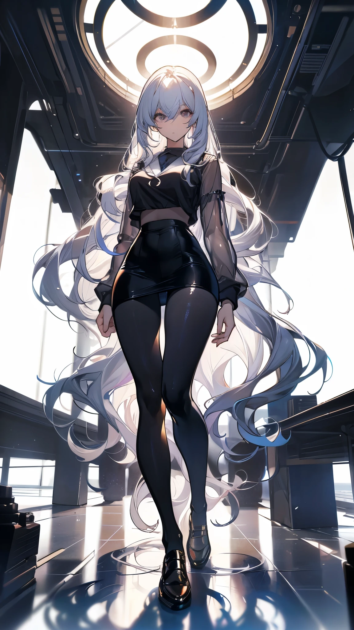 Perfect quality,Perfect body proportions,Long legs,student,jk outfit,whole body,Long curly hair,Standing picture,White,sexly, Big ,Pantyhose,perspective,transparent,