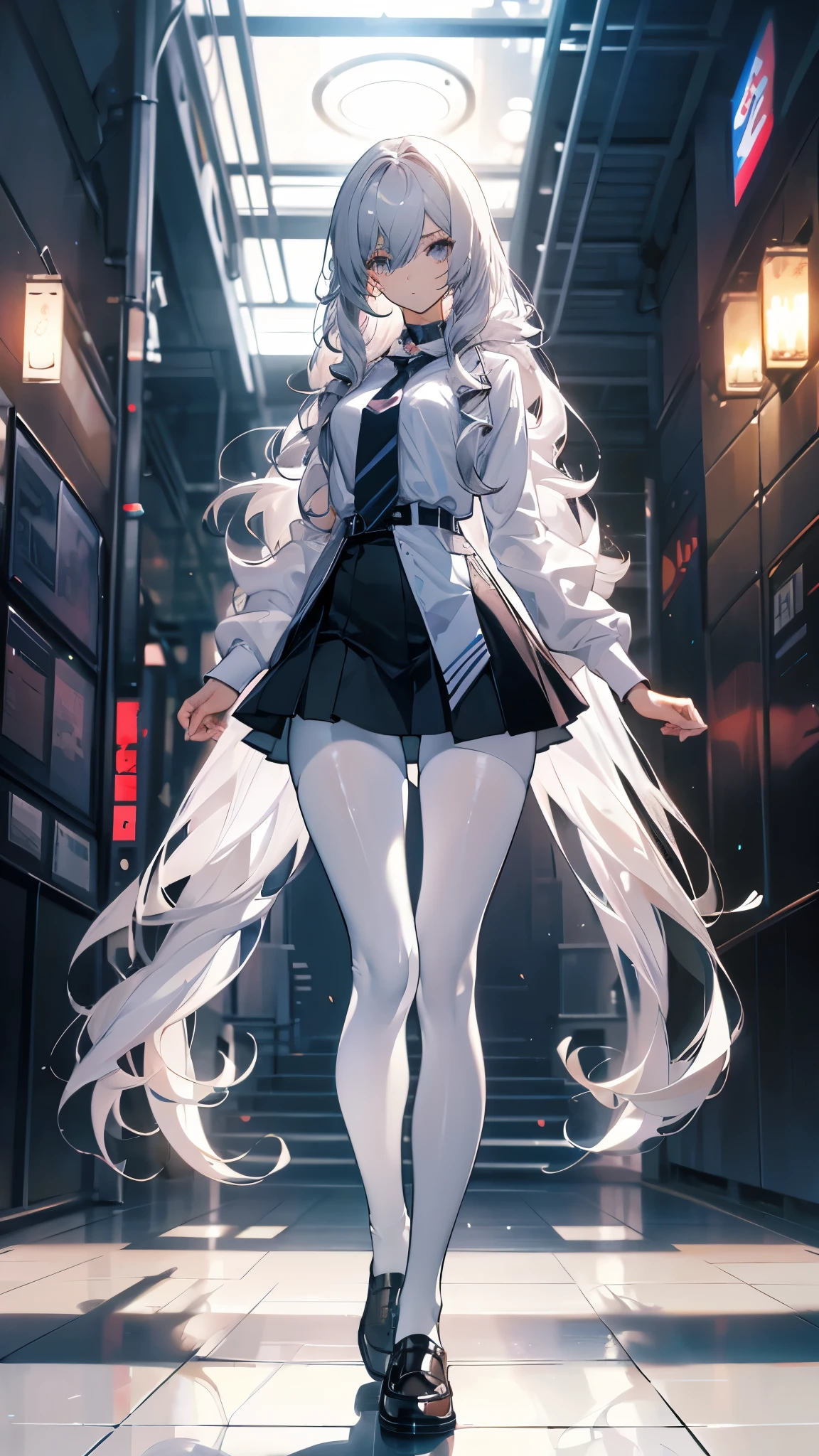 Perfect quality,Perfect body proportions,Long legs,student,jk outfit,whole body,Long curly hair,Standing picture,White,Small suit,sexly, Pantyhose,perspective,transparent,
