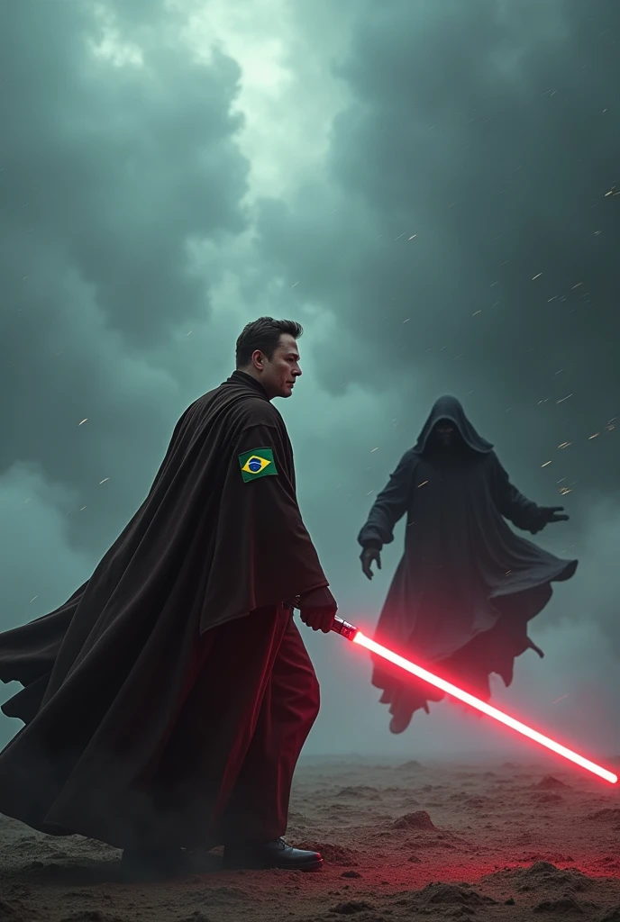 Image of Elon Musk wearing a Star Wars obi outfit with a Brazilian patch kicking VoldemorT away in a battle; insert Voldemort flying back
