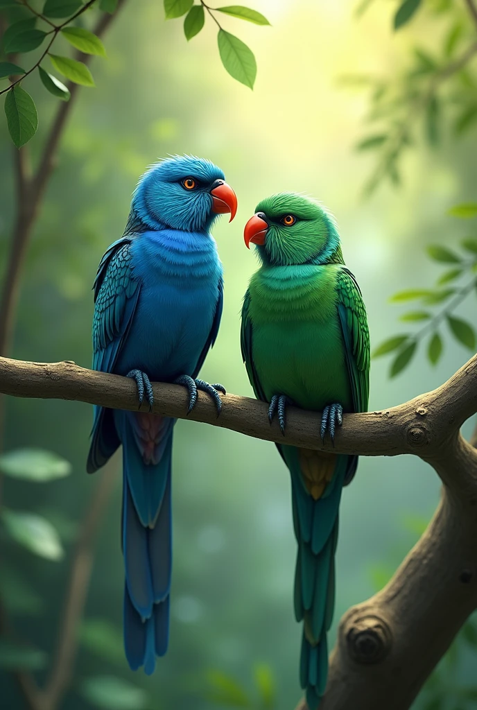 Two bajriga birds are sitting on a branch, the color of the bird will be blue and the color of the other bird will be green