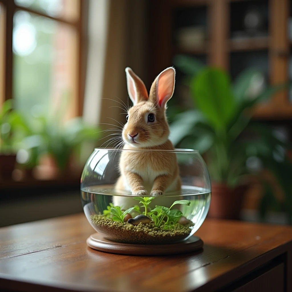 Rabbit in an aquarium in a luxurious living room (1.5) Strength, intelligence, Acumen, super detailed, 真实感, Background blur, 