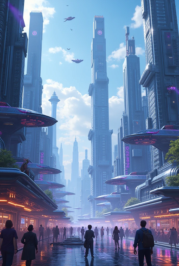 "Create a futuristic and technological image. The scene should include an advanced city with tall, shiny skyscrapers, floating structures and flying vehicles. Use a metallic and neon color palette, with a predominance of blue tones, silver and purple. The sky must be lit up with holograms and neon lights, and the environment must convey a sense of innovation and modernity. Include details like solar panels, communication antennas and people interacting with advanced technological devices."
