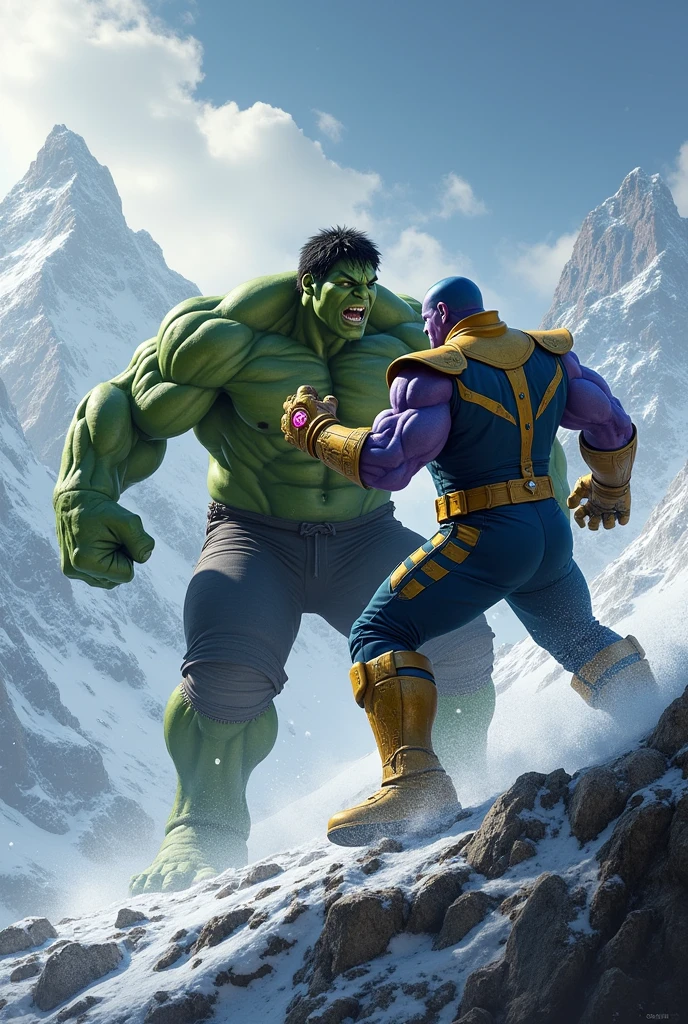 Hulk on Top of Mount Everest fighting with Thanos

