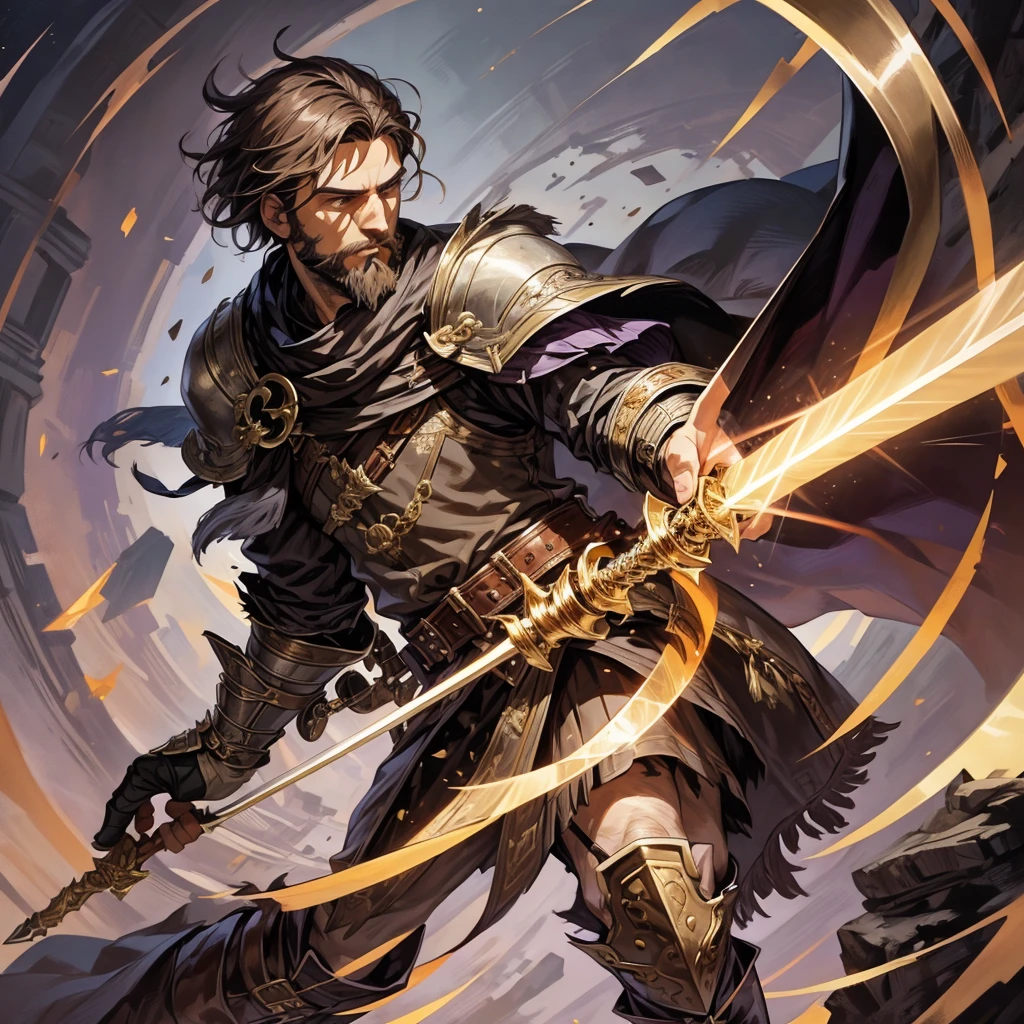 Male with short brown hair, short beard, strong features, wearing violet and gold Nobles clothes, Leather boots, holding a Rapier Sword, Bandolier of daggers on thigh, Flowing cloak