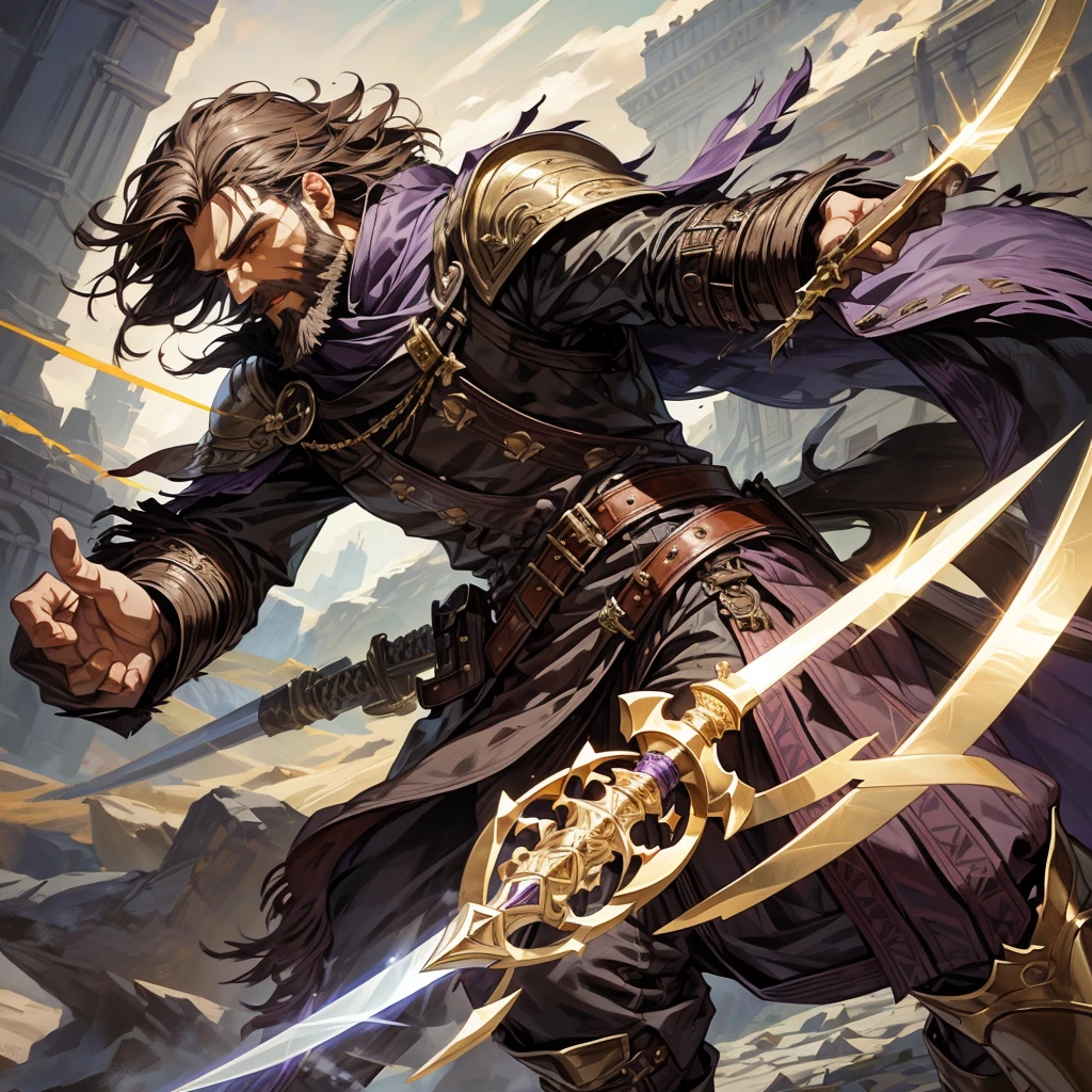 Male with short brown hair, short beard, strong features, wearing violet and gold Nobles clothes, Leather boots, holding a Rapier Sword, Bandolier of daggers on thigh, Flowing cloak