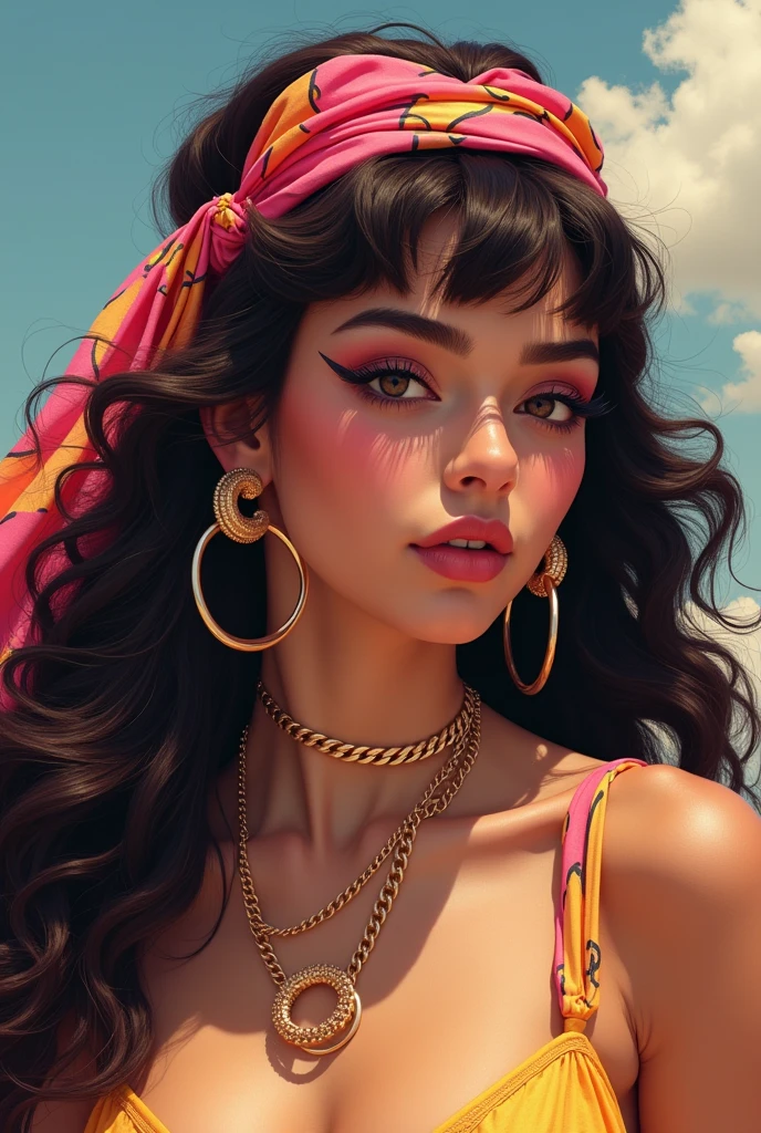 80s style woman with long fabric headband, with a plastic accessory ring on it located in the middle, with earrings and hoop necklace of the same plastic material. The woman's hair is loose and blow-dried..