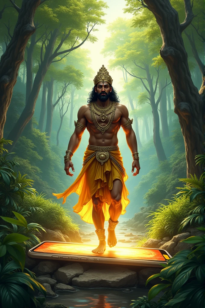 Mahabali coming from a phone with happy in jungle 