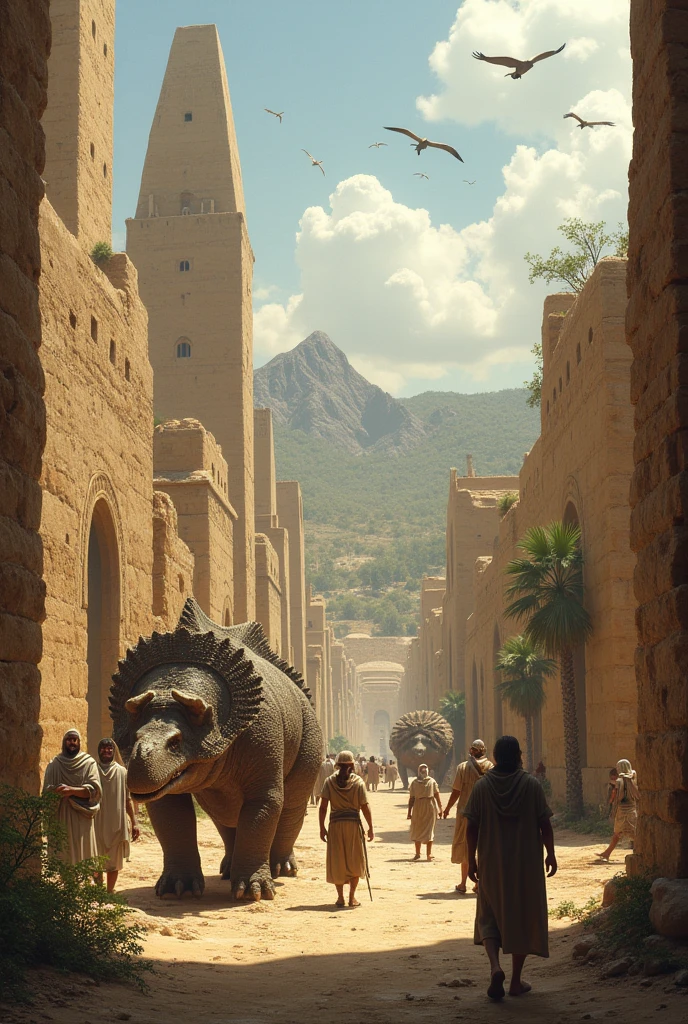 "Visualize an ancient Mesopotamian city in 600 BC, like Babylon, where dinosaurs coexist with humans. The scene includes towering ziggurats and mud-brick walls with dinosaurs integrated into daily life. Triceratops and Stegosaurus are used as beasts of burden, carrying heavy loads and pulling carts, while Velociraptors roam outside the city gates. In the background, Pterosaurs glide across the sky, and a T-rex looms near the dense forests. The city's inhabitants, dressed in traditional garments, interact with these prehistoric creatures, blending ancient human civilization with a world where dinosaurs still thrive."