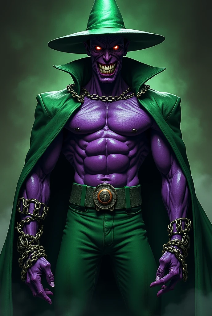 A DC comics style image of a super villain named Gobil. He has purple skin and a green outfit with a pointed hat. His eyes are wild and he has an evil grin. He has a muscular but slender build and chains on his arms. The image has a dark and ominous mood.