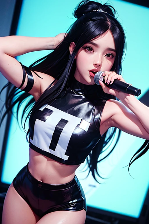 1 pop girl with 2K vibe long black hair mini crop top and perfect eyes, hold a mic
