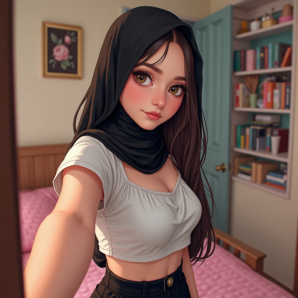 A 1 girl with striking beauty, wearing a black hijab and a white crop top paired with a black mini skirt. She is taking a close-up selfie in her room, with her face almost touching the screen. The close proximity highlights her youthful features and the subtle details of her outfit. Her room has a cozy and personalized touch, adding to the vibrant and lively atmosphere of the illustration.