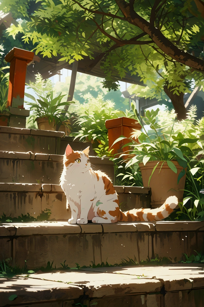 there is a cat sitting on the steps of a building, anime cat, relaxing concept art, anime visual of a cute cat, realistic anime cat, cats and plants, anime background art, studio ghibli sunlight, adorable digital painting, cute detailed digital art, lofi art, painted in anime painter studio, beautiful anime scene, low detailed. digital painting, lofi artstyle