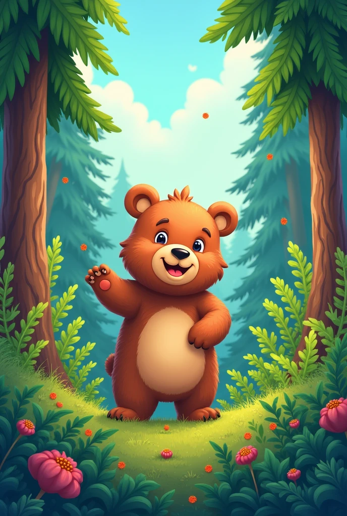Create a cartoon cover of a brown bear in the forest
