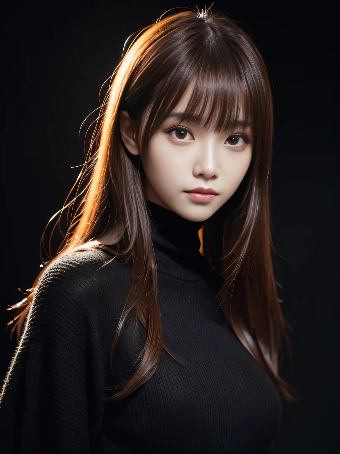 masterpiece, best quality, ultra-detailed, intricately detailed hyperdetailed, realistic, sharp features, highly detailed, sharp focus, A very beautiful and cute young Japanese girl, perfect face, perfect symmetrically eyes, perfect lips, flexible female form, hyper detailed, hyper realistic, high resolution, Underexpose Lighting, slim body, (discret smile, gentle expression), Red hair, thin hair, asymmetrical bangs, brown Eyes, black sweater, cowboy shot, ((Dark background)), (Dark room:1.3), (rim light:1.3), (Dimly light:1.3), (Dark night:1.3), (dark fantasy),