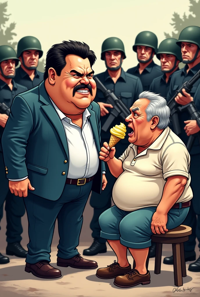 Cartoon of Nicolás Maduro with all his armed thugs behind him yelling at an old, chubby man with gray hair and the old man is sitting on a stool eating a cone