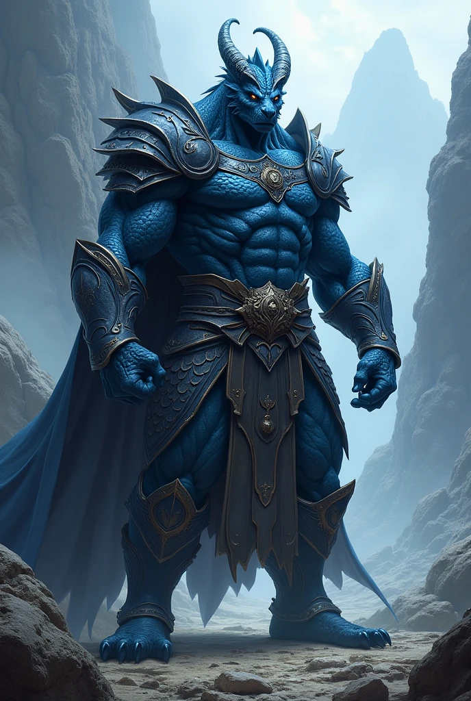 Make a male character from D&D breed: Dragonato Dark Blue Skin Class: warrior